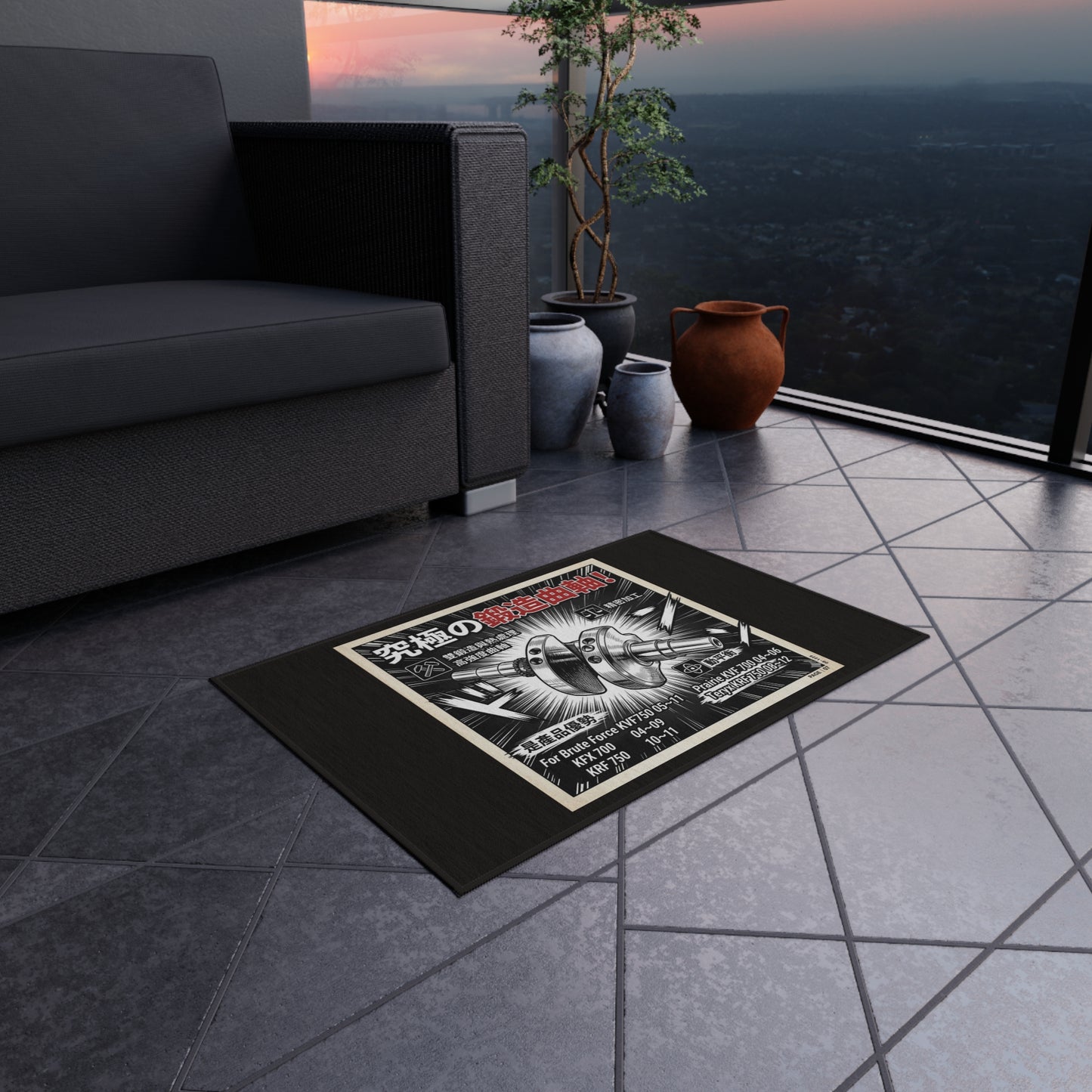 Japanese Retro Engine Illustration Outdoor Rug — Vintage Industrial Crankshaft Design