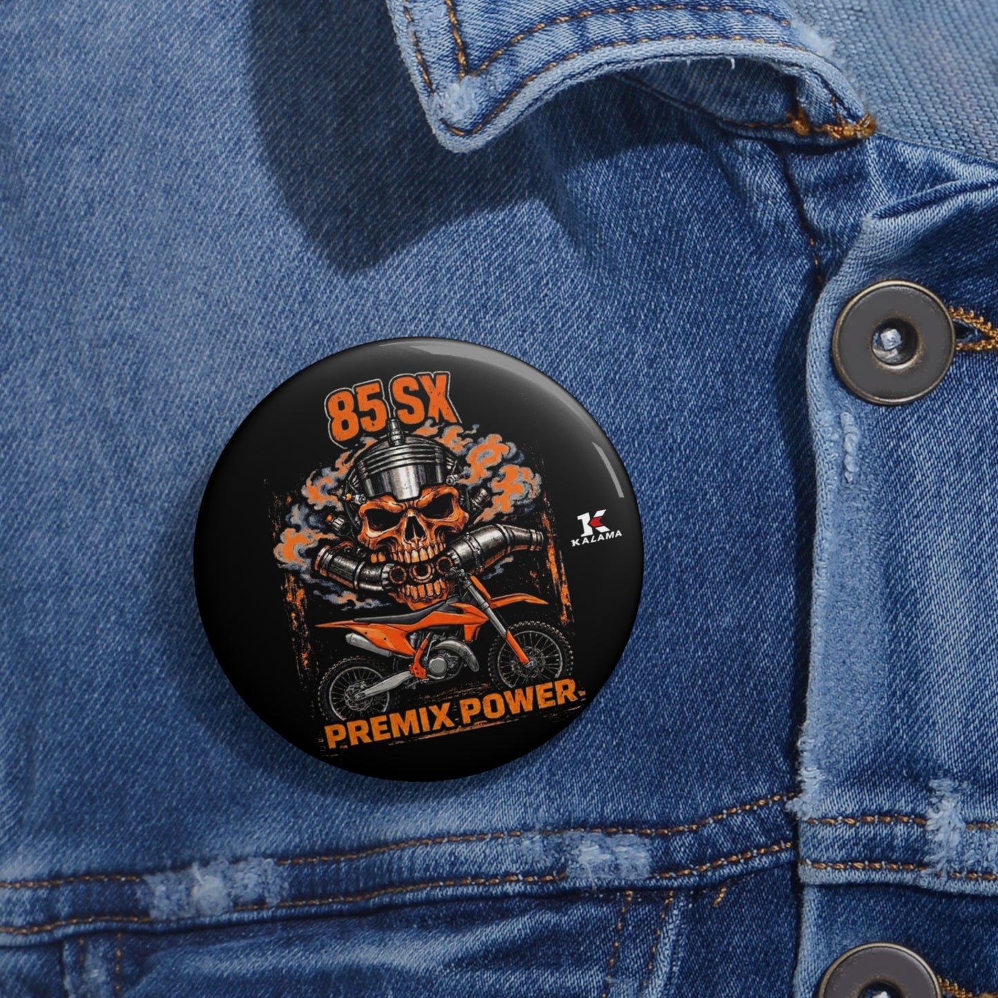 Pin Button — 85 SX Skull Dirt Bike “Premix Power” Moto Badge