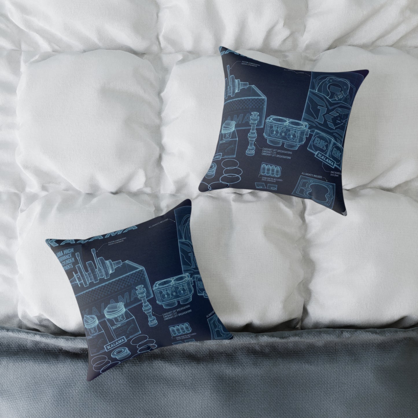 Navy Blue Blueprint Kitchen Pillow — Culinary Sketch Square Throw Pillow