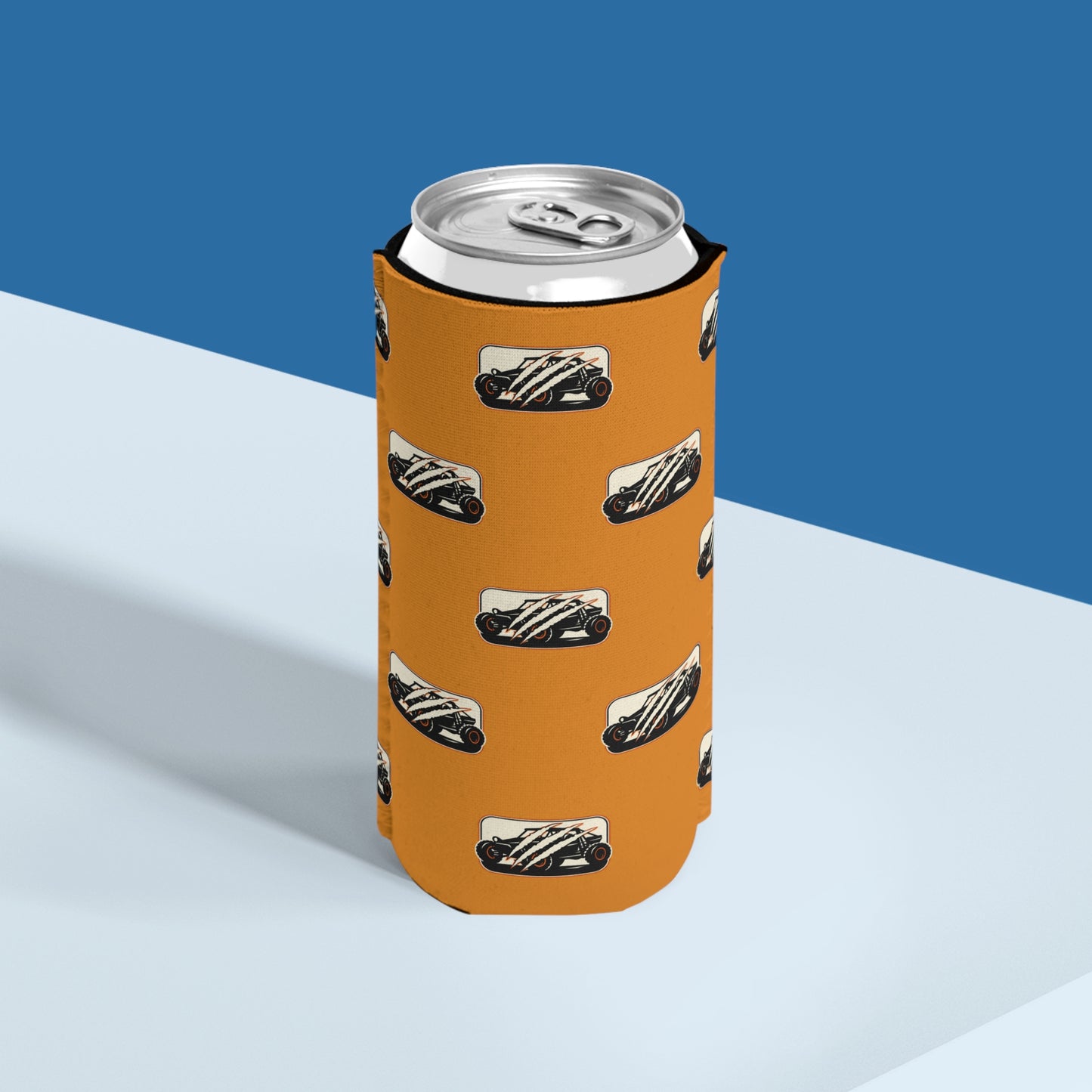 Slim Can Cooler – Vintage Racecar Pattern with “There are many Wolverines, but only one has four wheels.”