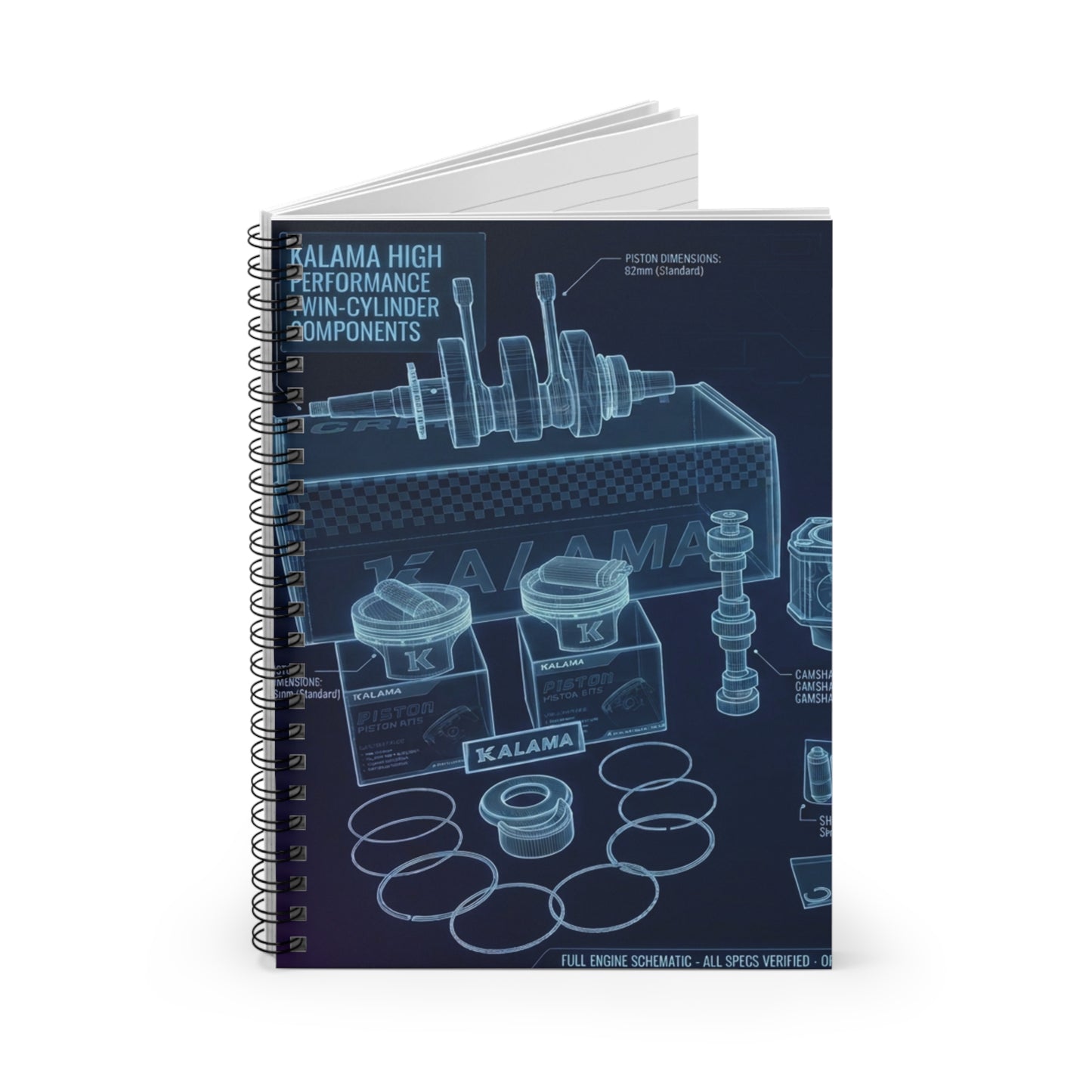 Mechanical Blueprint Spiral Notebook — Engine Parts Journal (Ruled)