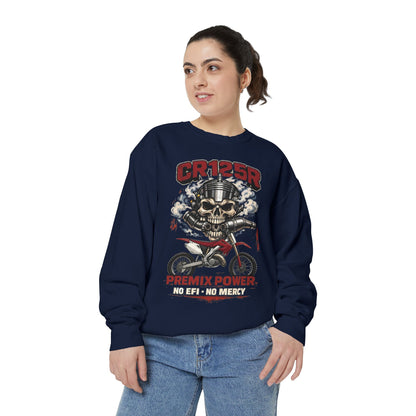 Motorcycle Skull Sweatshirt - "CR125R Premix Power No Efy No Mercy" Retro Biker Crewneck