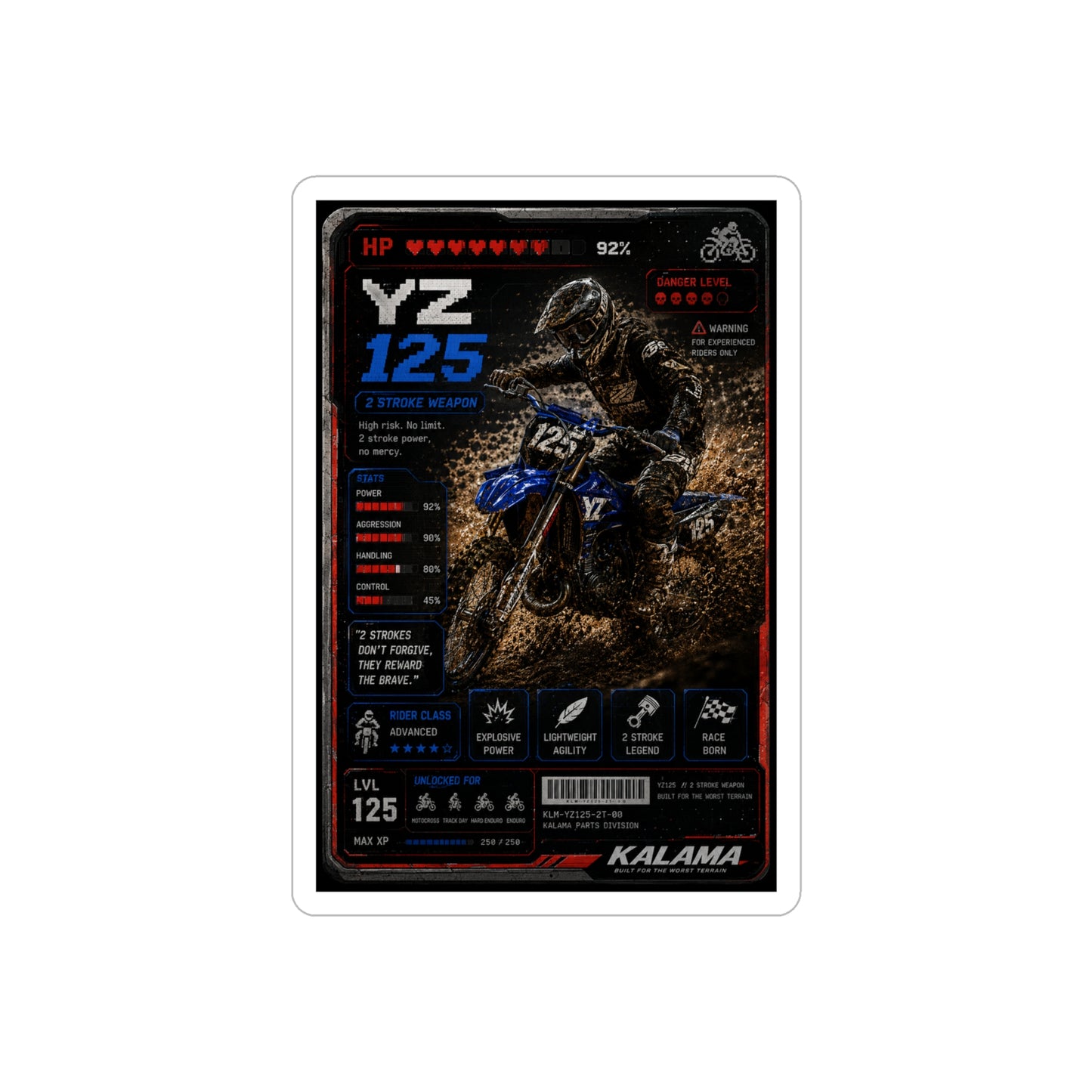 Motocross Dirt Bike Specs Sticker — YZ125 Racing Decal (Transparent Outdoor, Die-Cut)