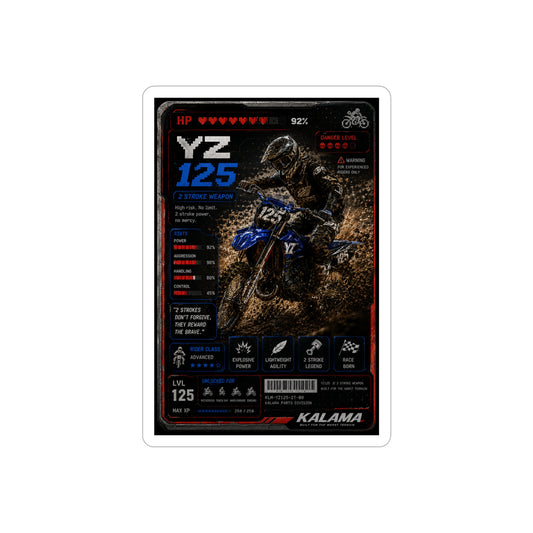 Motocross Dirt Bike Specs Sticker — YZ125 Racing Decal (Transparent Outdoor, Die-Cut)