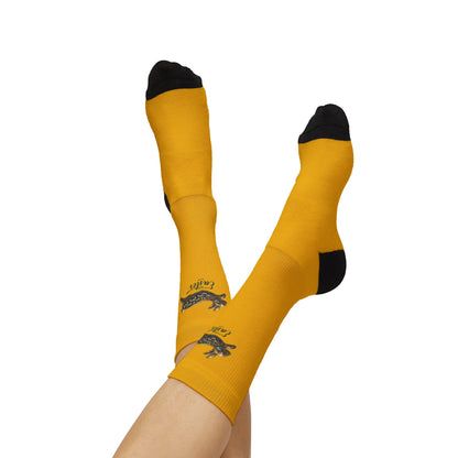 Kalama Easter Club Gold Sublimation Crew Socks with Small Black Lizard Graphic