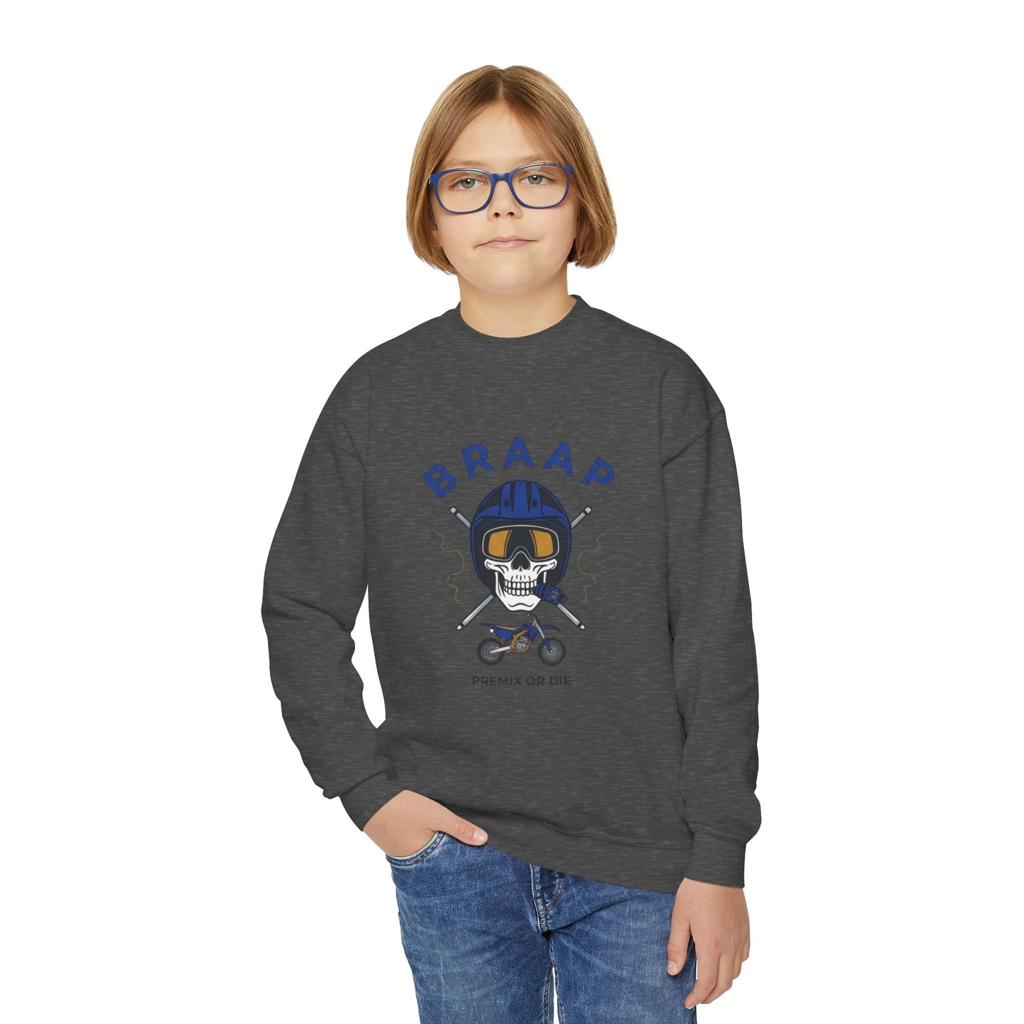 Youth Motorcycle 'BRAAP' Crewneck Sweatshirt – Skull Rider Graphic