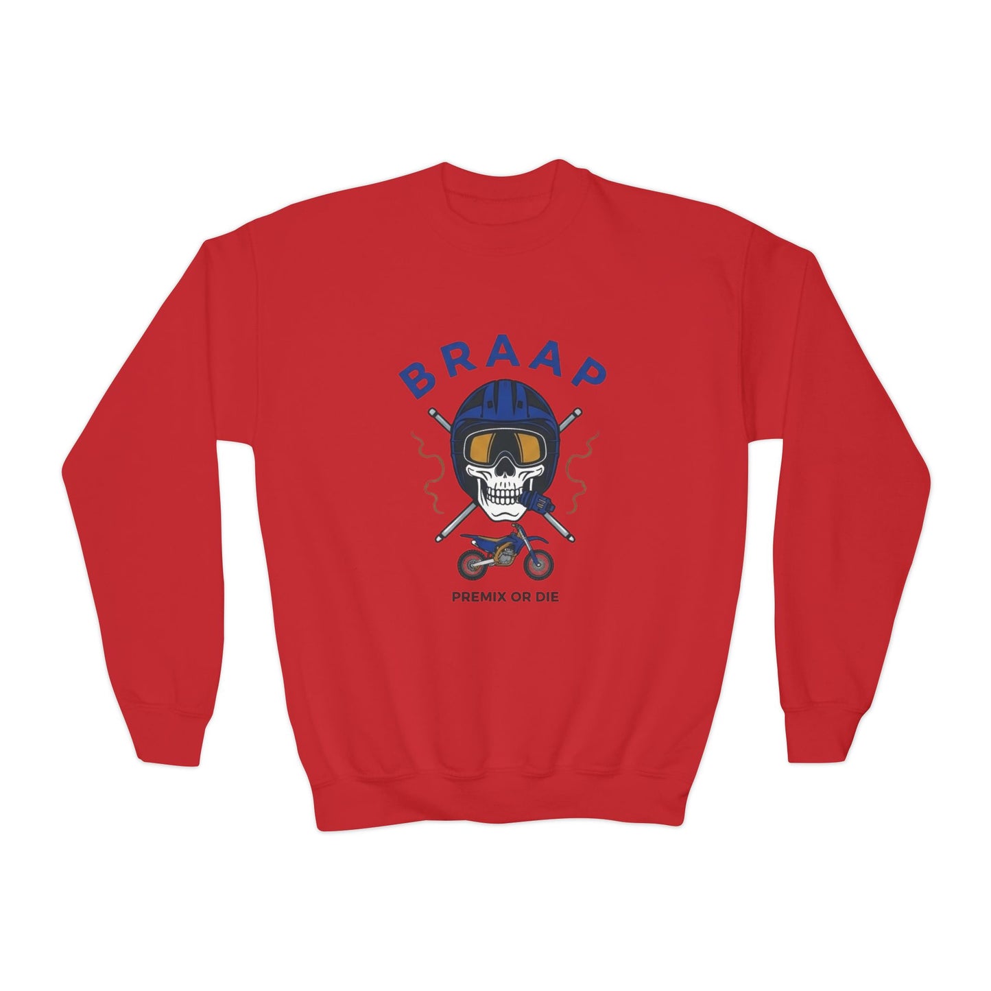 Youth Motorcycle 'BRAAP' Crewneck Sweatshirt – Skull Rider Graphic