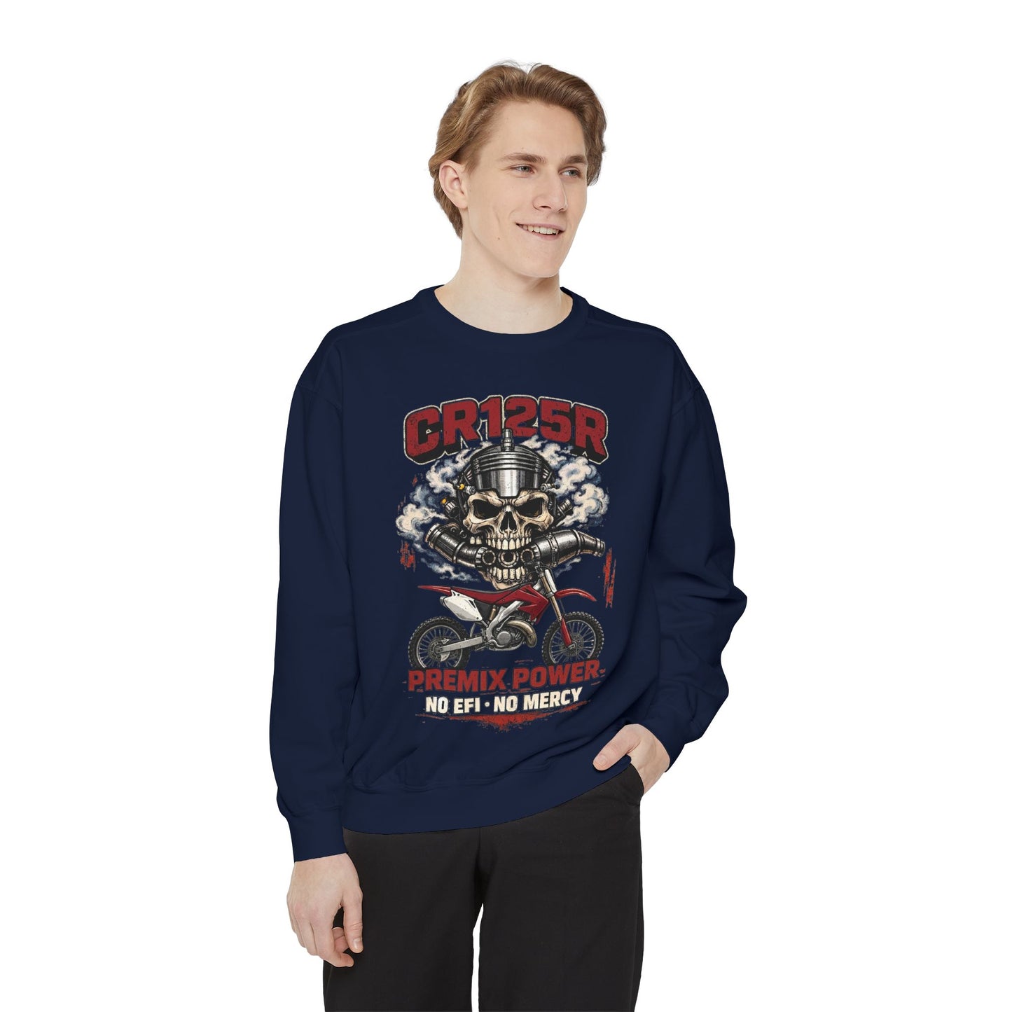 Motorcycle Skull Sweatshirt - "CR125R Premix Power No Efy No Mercy" Retro Biker Crewneck