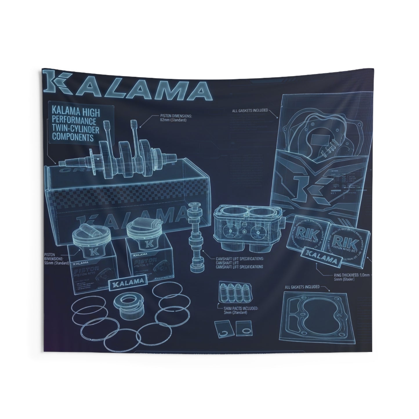 Blueprint-Style Kalama Game Components Wall Tapestry — Retro Sci‑Fi Gaming Decor