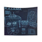 Blueprint-Style Kalama Game Components Wall Tapestry — Retro Sci‑Fi Gaming Decor