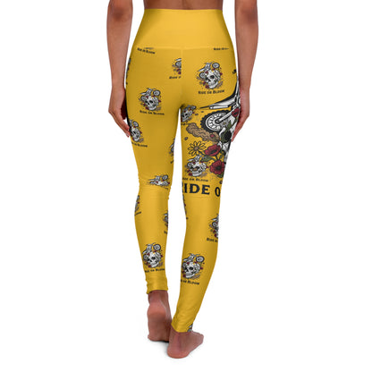 High-Waisted Yoga Leggings — Yellow Biker Skull Floral Pattern (Ride or Bloom)