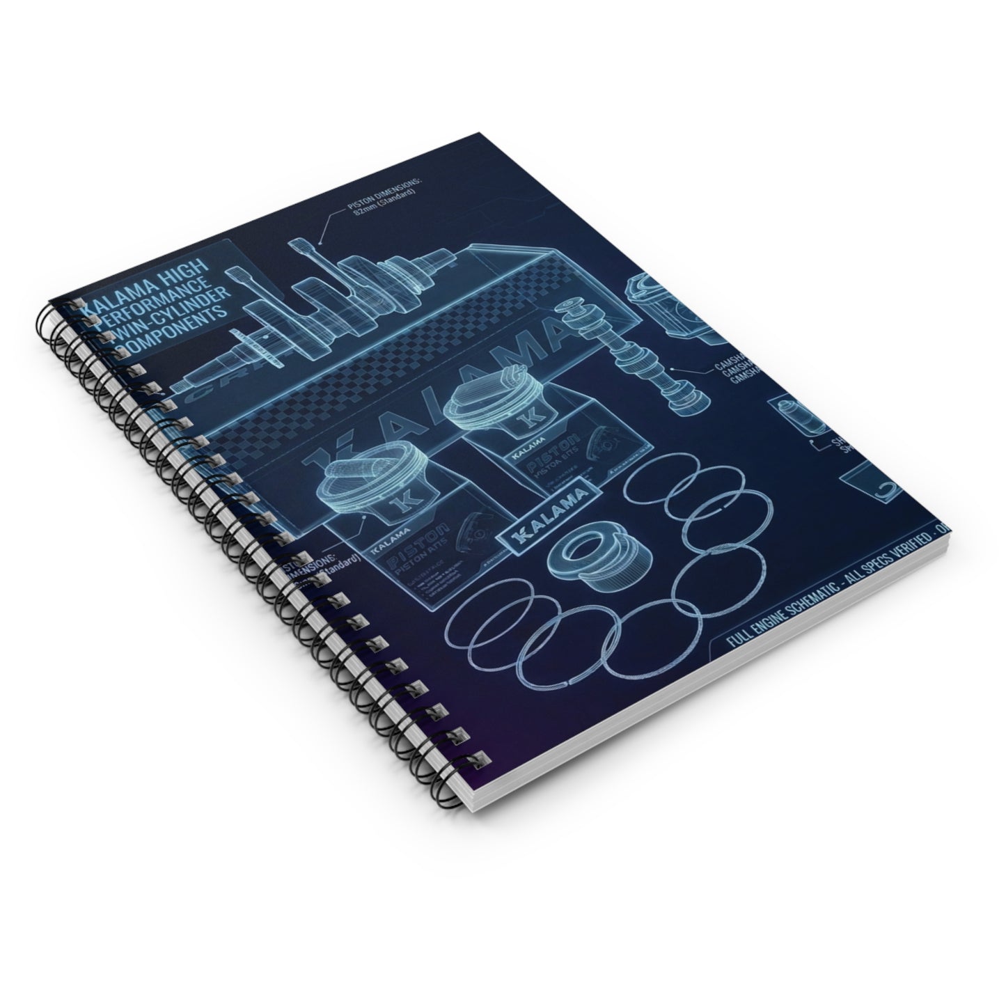 Mechanical Blueprint Spiral Notebook — Engine Parts Journal (Ruled)