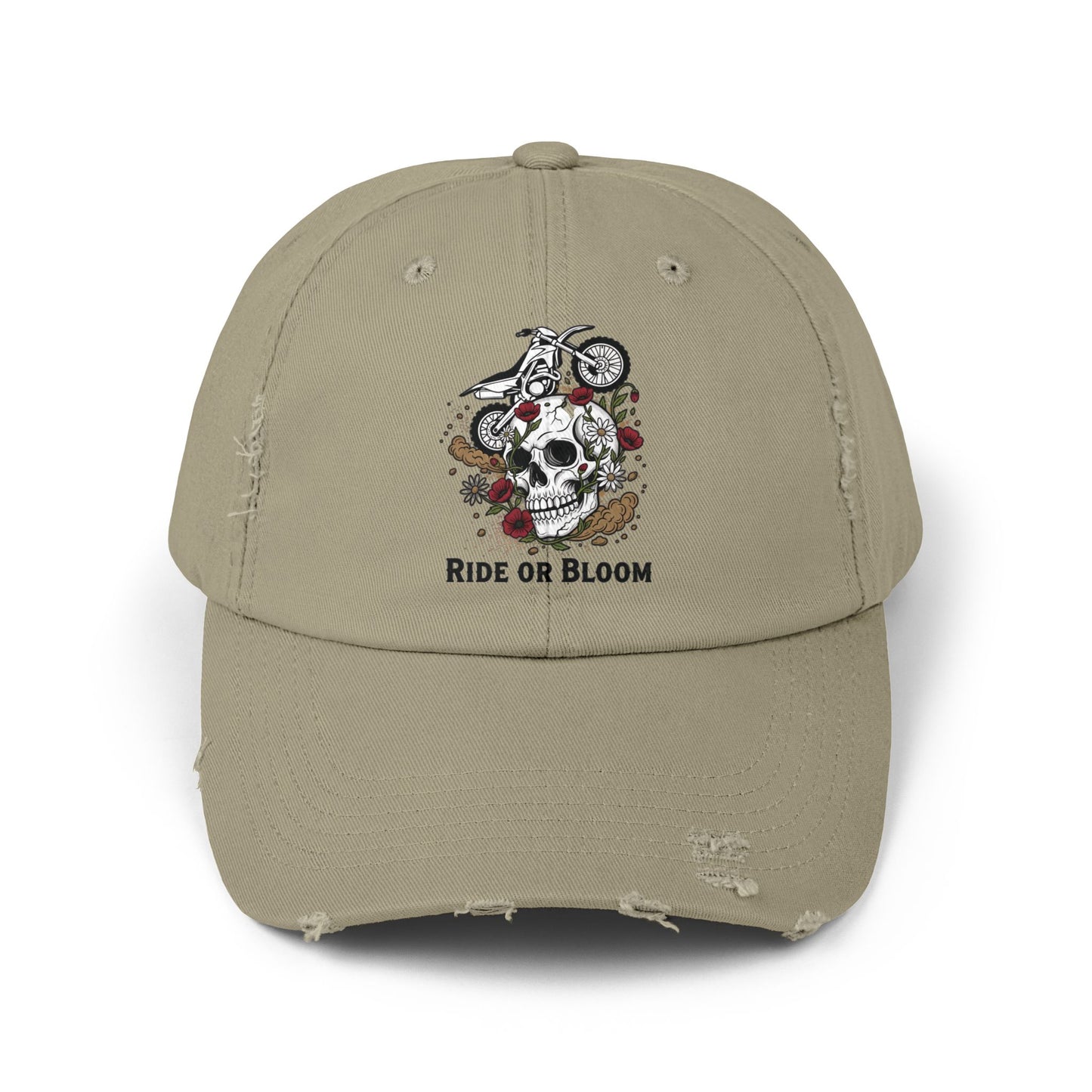 Ride or Bloom Distressed Baseball Cap — Motorcycle Skull Floral Hat