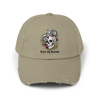 Ride or Bloom Distressed Baseball Cap — Motorcycle Skull Floral Hat