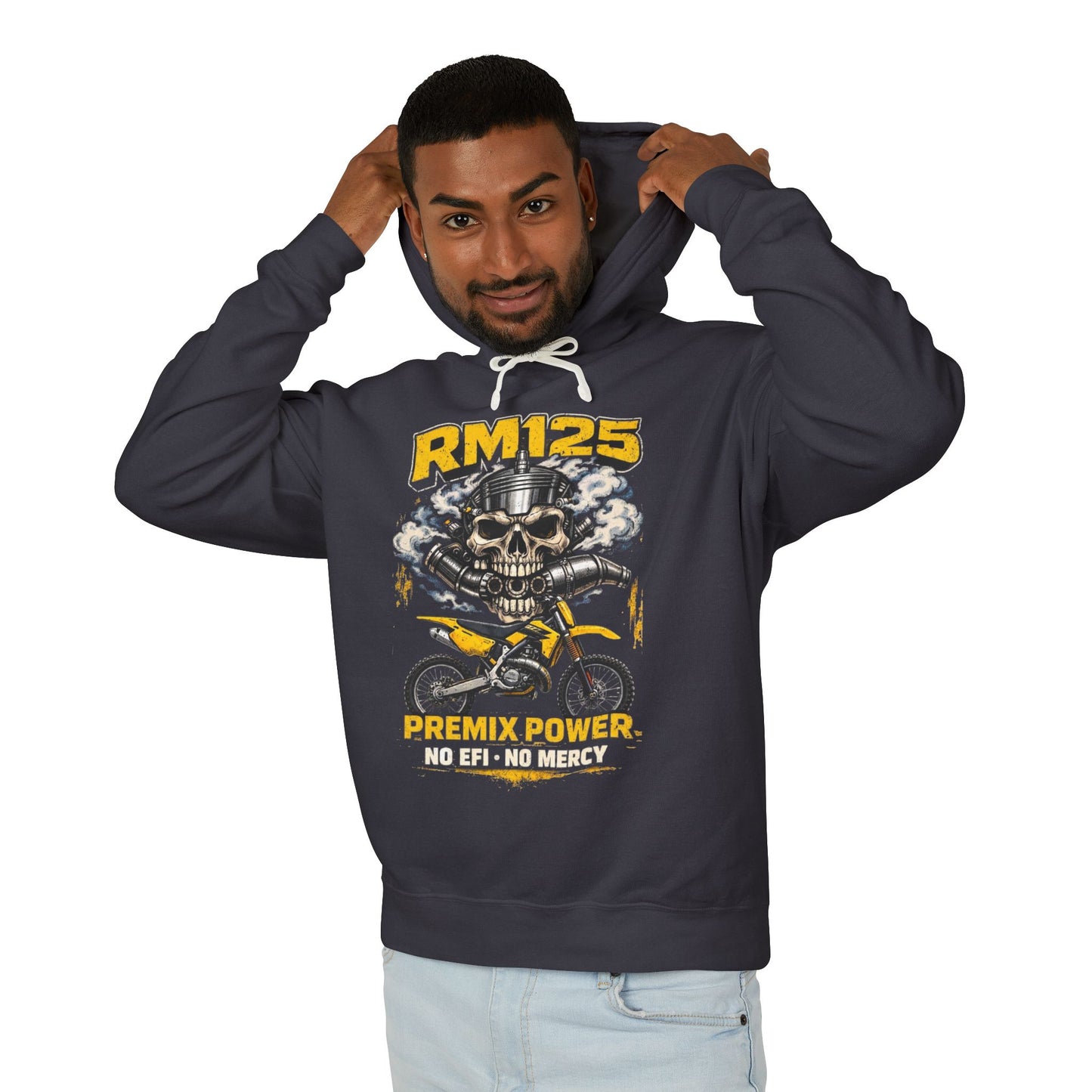 RM125 Premix Power Hoodie — Motorcycle Skull No EFI, No Mercy