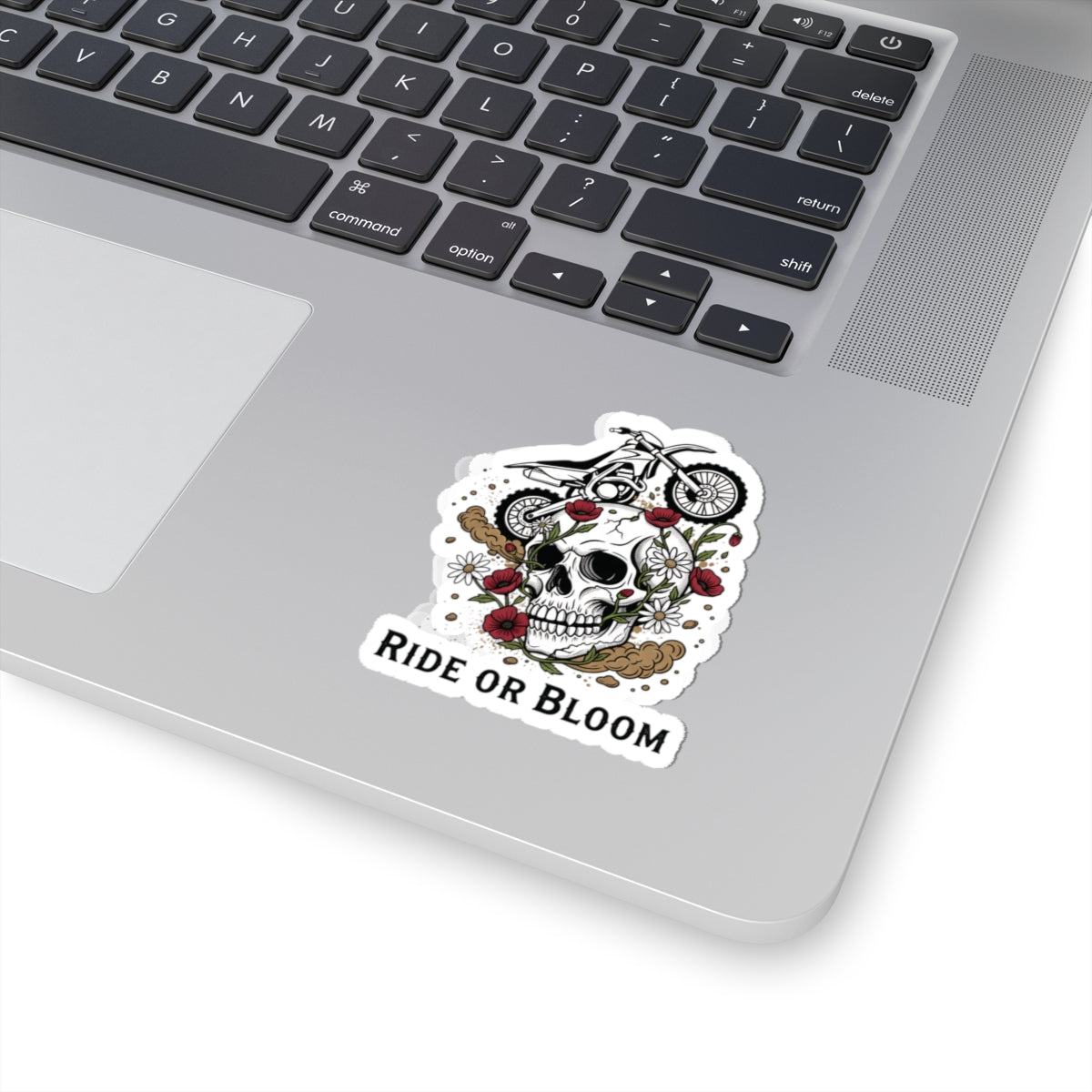 Ride or Bloom Skull Motorcycle Sticker — Floral Moto Kiss-Cut Decal