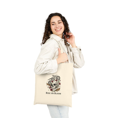 Ride or Bloom Motorcycle Skull Tote Bag — Biker Floral Canvas Grocery Tote