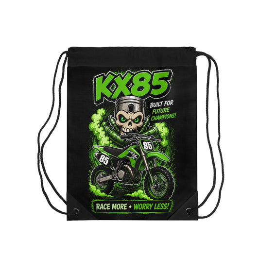 KX85 Dirt Bike Drawstring Bag – 'Race More, Worry Less' Youth Motocross Gym Sack