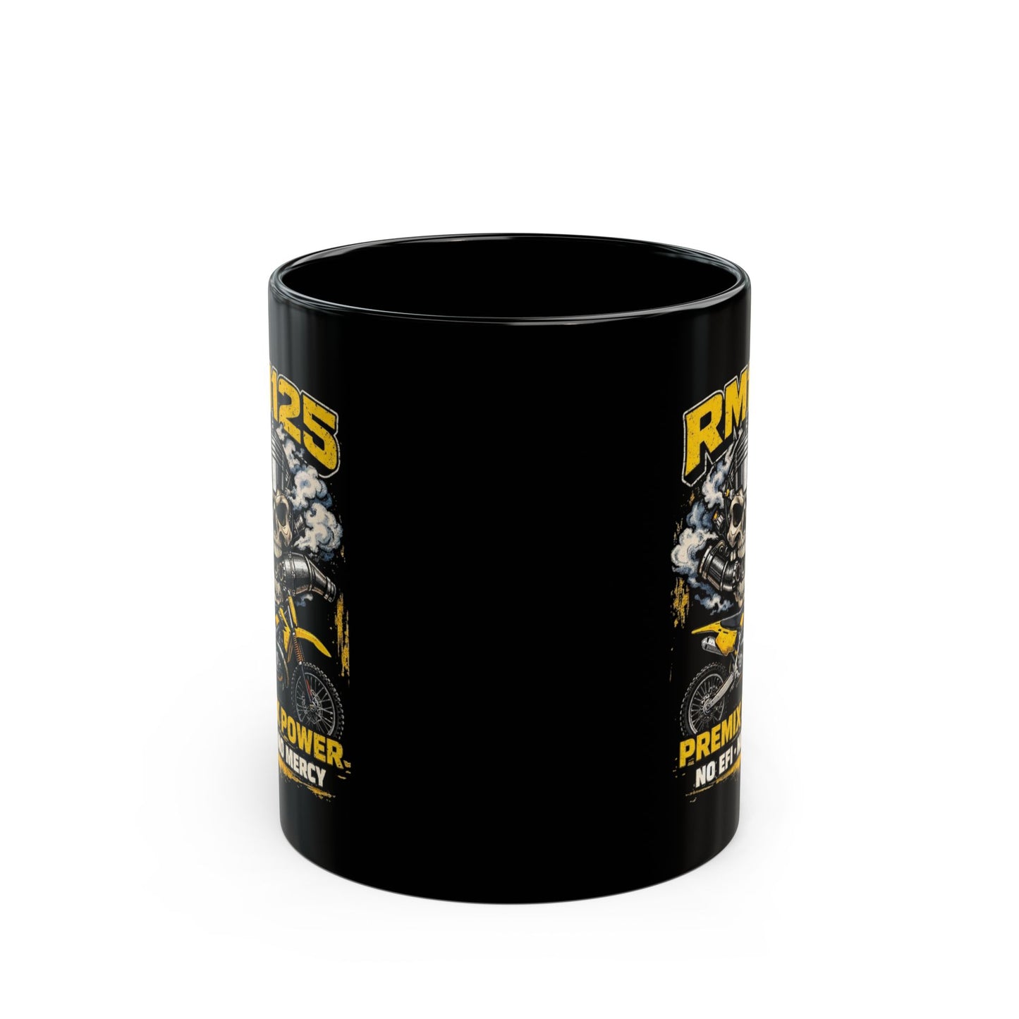 RM125 Skull Dirt Bike Mug — "Premix Power No EFI No Mercy" Black Coffee Cup