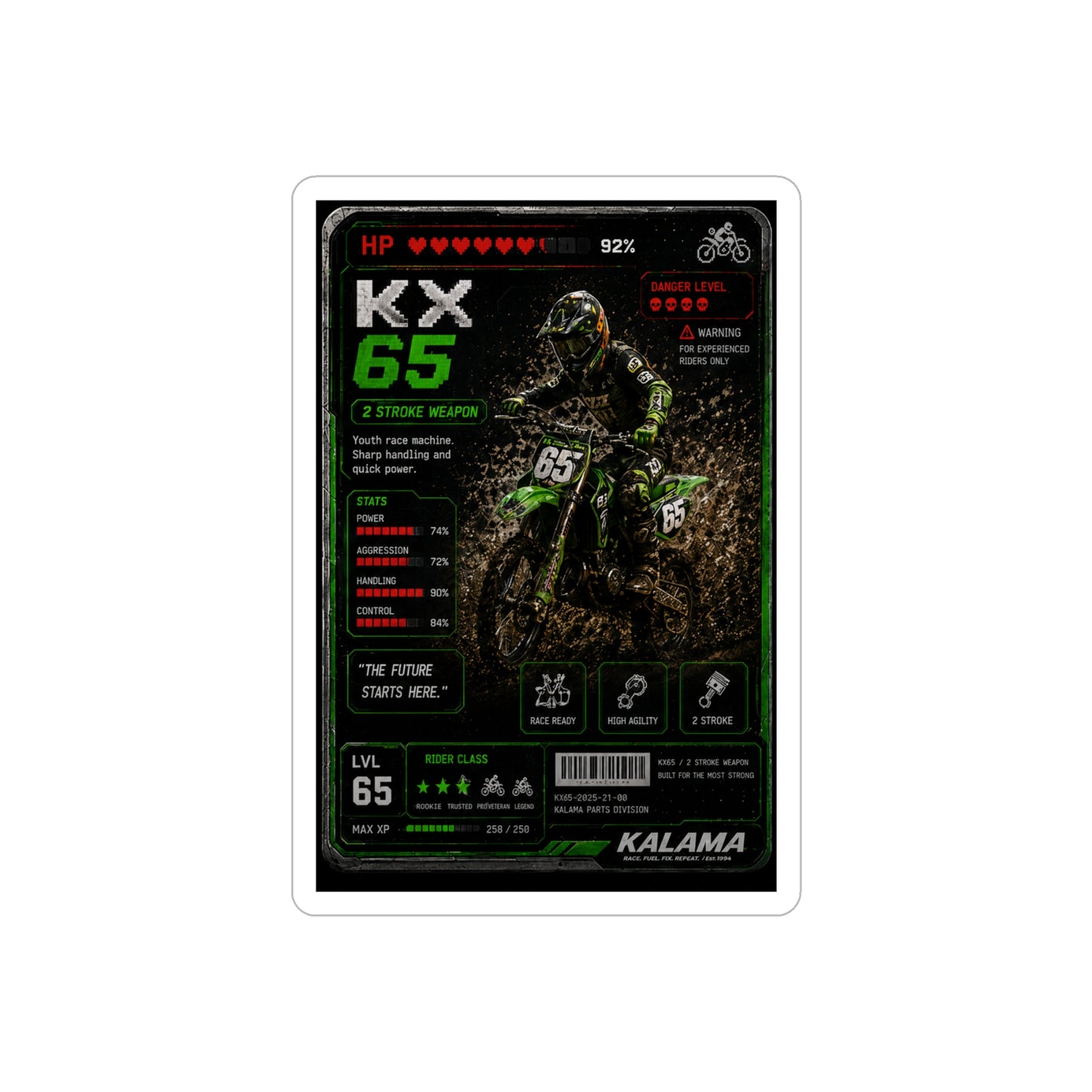 Motocross Rider Trading Card Sticker — KX 65 Dirt Bike Die-Cut Outdoor Sticker
