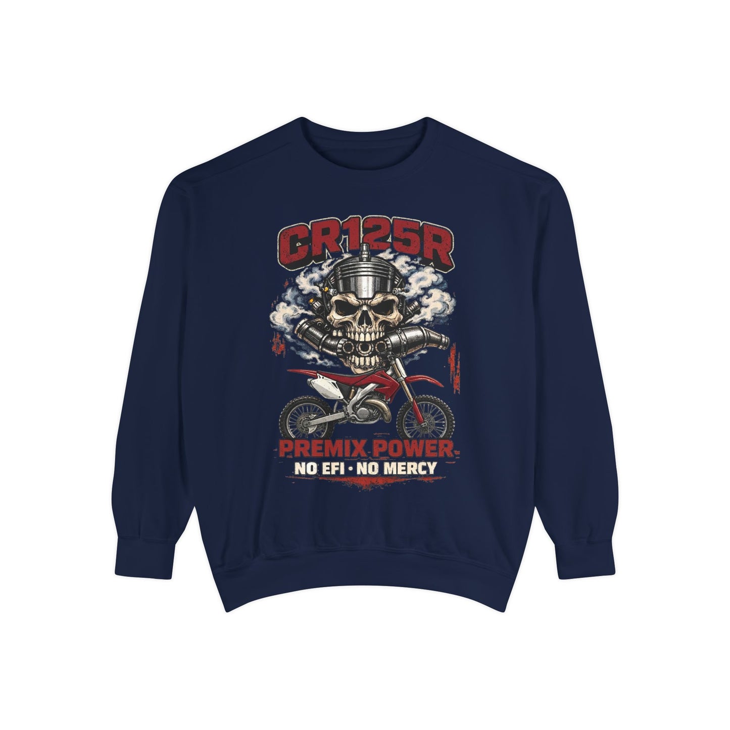 Motorcycle Skull Sweatshirt - "CR125R Premix Power No Efy No Mercy" Retro Biker Crewneck