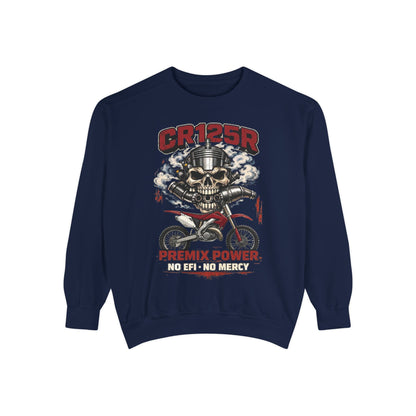 Motorcycle Skull Sweatshirt - "CR125R Premix Power No Efy No Mercy" Retro Biker Crewneck