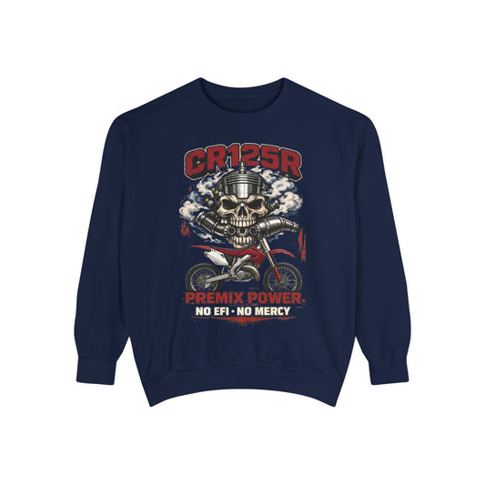 Motorcycle Skull Sweatshirt - "CR125R Premix Power No Efy No Mercy" Retro Biker Crewneck