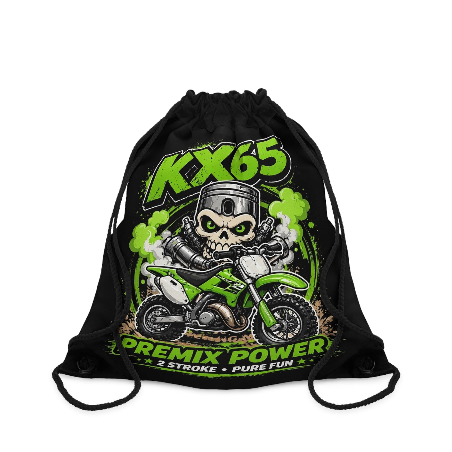 KX65 Dirt Bike Skull Drawstring Bag – "Premix Power" Motocross Gym Sack