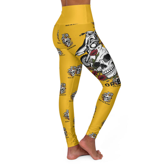 High-Waisted Yoga Leggings — Yellow Biker Skull Floral Pattern (Ride or Bloom)