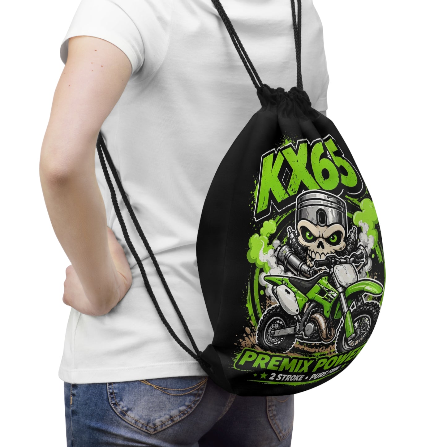 KX65 Dirt Bike Skull Drawstring Bag – "Premix Power" Motocross Gym Sack