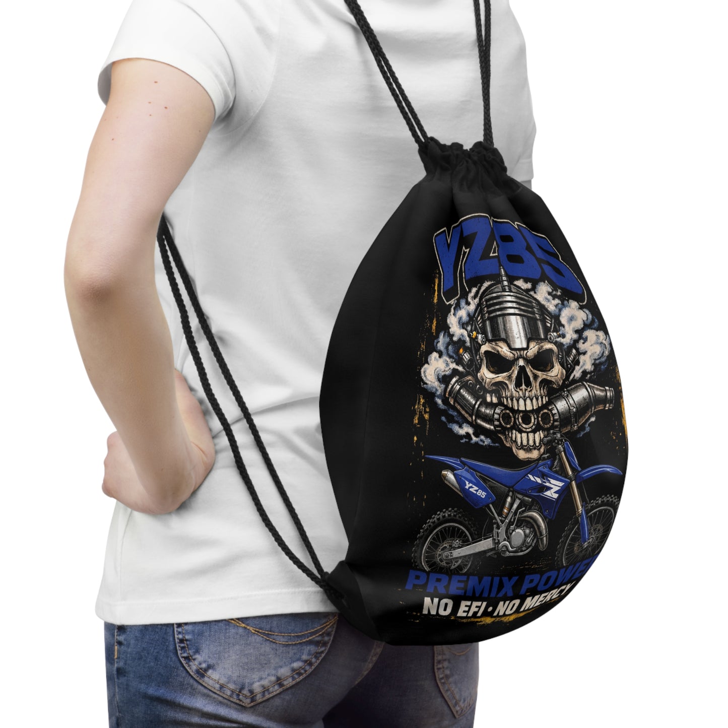YZ85 Dirt Bike Skull Drawstring Bag — "Premix Power No EFI No Mercy"