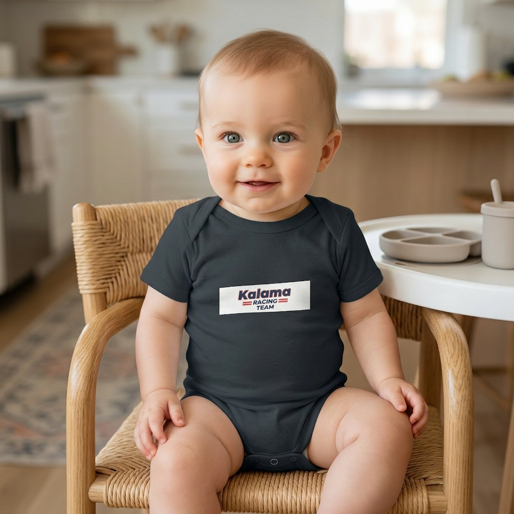 Kalama Racing Team Infant Bodysuit — Minimal Baby Onesie with K Emblem