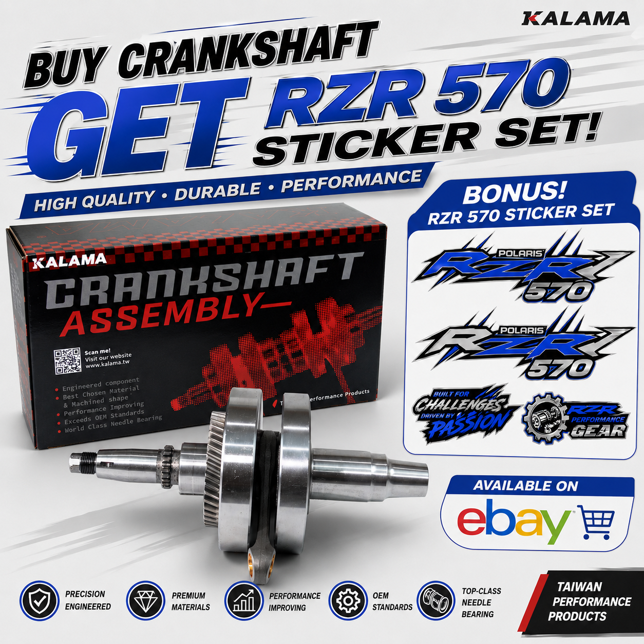 FIT POLARIS RZR, SPORTSMAN, RANGER 570 KALAMA RACING CRANKSHAFT 2012~2017 With FREE Sticker Set