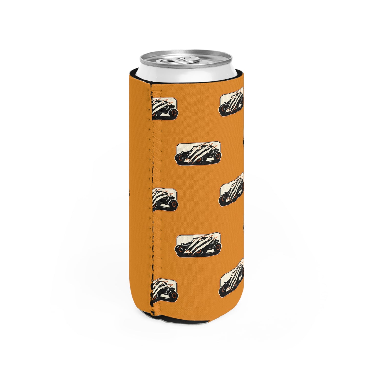 Slim Can Cooler – Vintage Racecar Pattern with “There are many Wolverines, but only one has four wheels.”