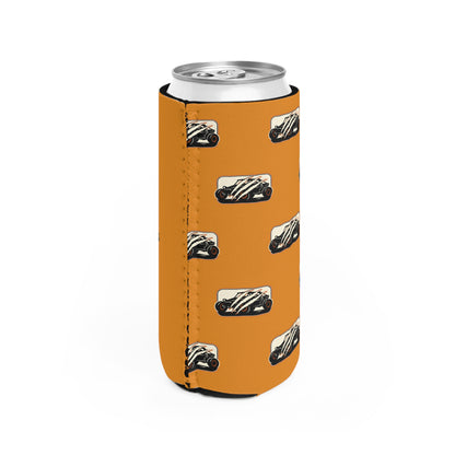 Slim Can Cooler – Vintage Racecar Pattern with “There are many Wolverines, but only one has four wheels.”
