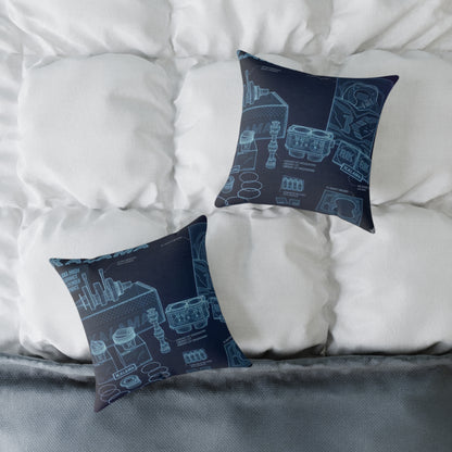 Navy Blue Blueprint Kitchen Pillow — Culinary Sketch Square Throw Pillow