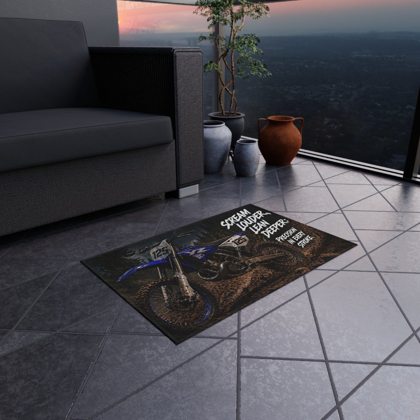 Outdoor Rug - Muddy Dirt Bike Design with 'Scream Louder, Lean Deeper' Text