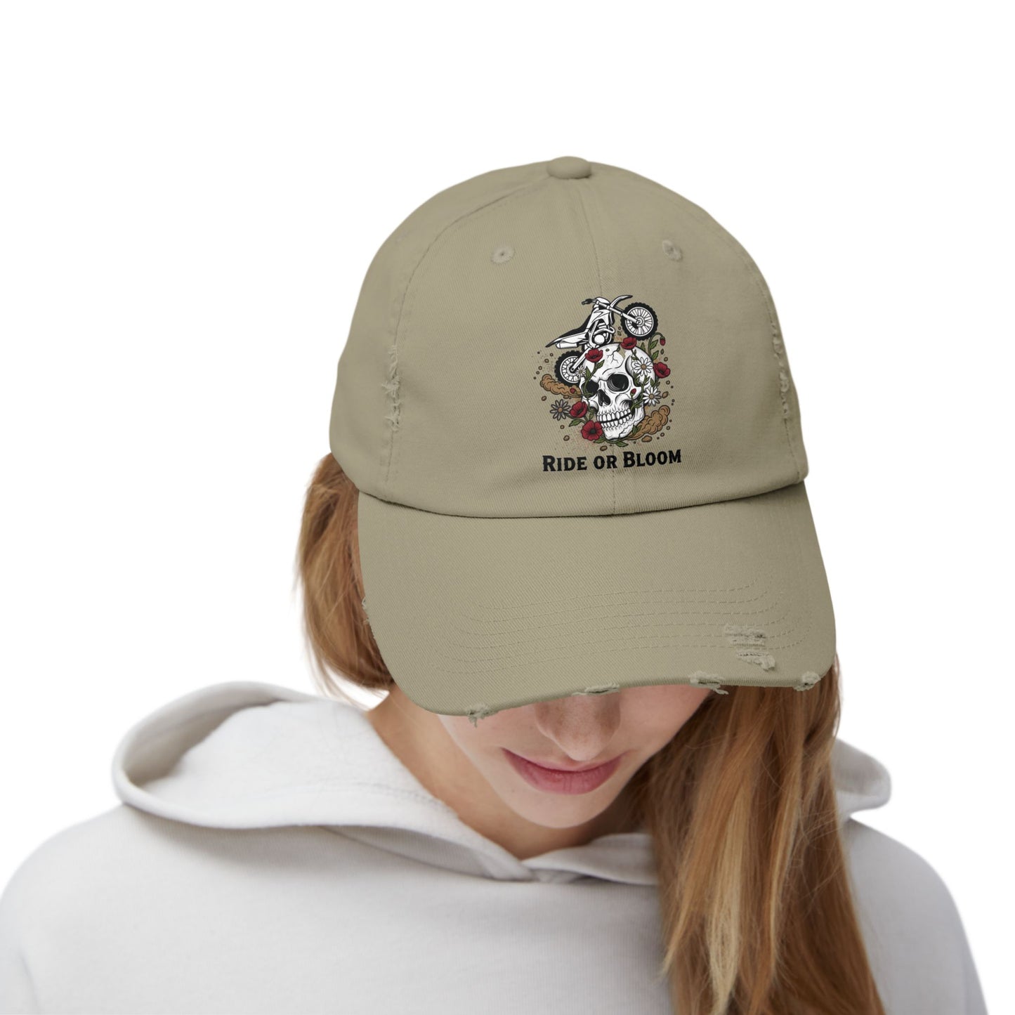 Ride or Bloom Distressed Baseball Cap — Motorcycle Skull Floral Hat