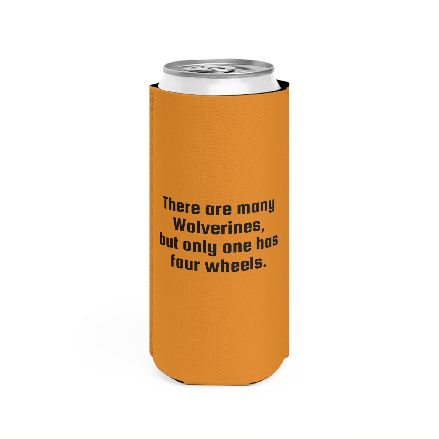 Slim Can Cooler – Vintage Racecar Pattern with “There are many Wolverines, but only one has four wheels.”
