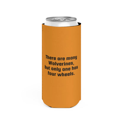 Slim Can Cooler – Vintage Racecar Pattern with “There are many Wolverines, but only one has four wheels.”