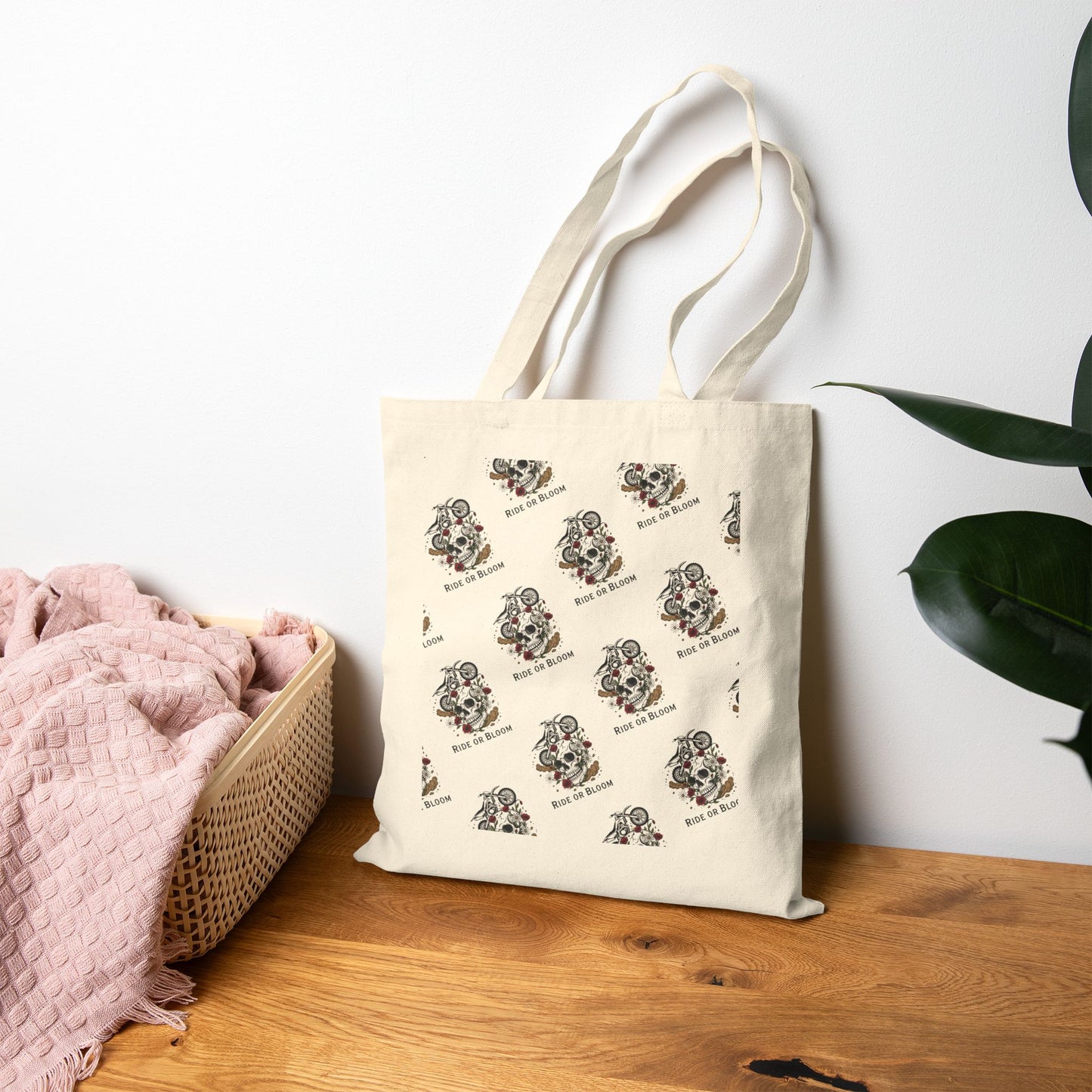 Ride or Bloom Motorcycle Skull Tote Bag — Biker Floral Canvas Grocery Tote