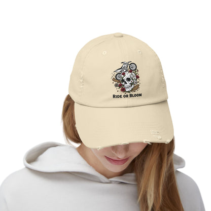 Ride or Bloom Distressed Baseball Cap — Motorcycle Skull Floral Hat