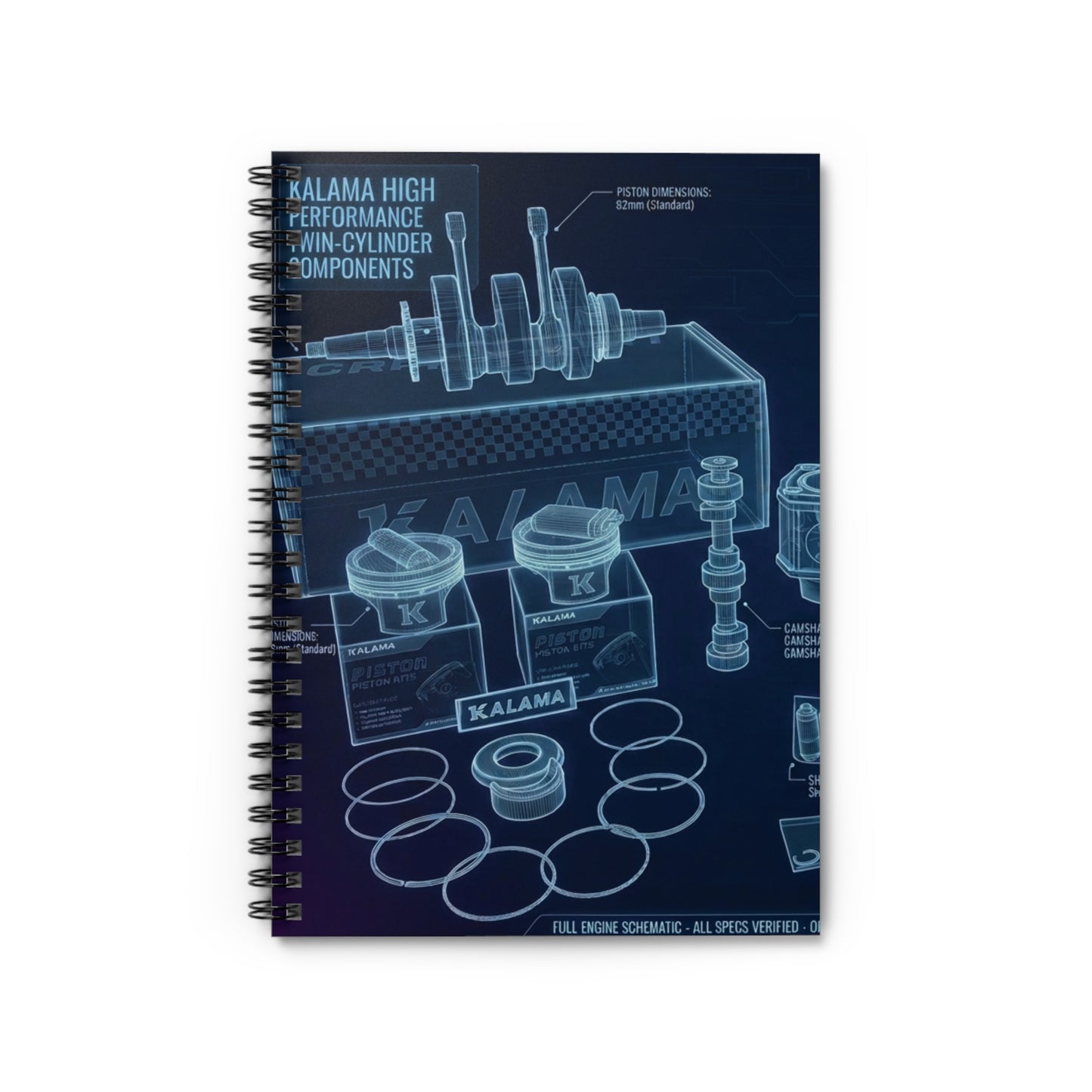 Mechanical Blueprint Spiral Notebook — Engine Parts Journal (Ruled)