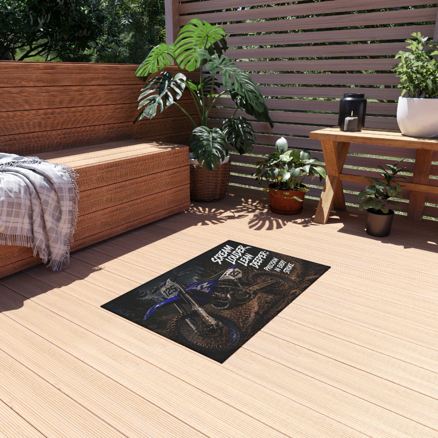Outdoor Rug - Muddy Dirt Bike Design with 'Scream Louder, Lean Deeper' Text