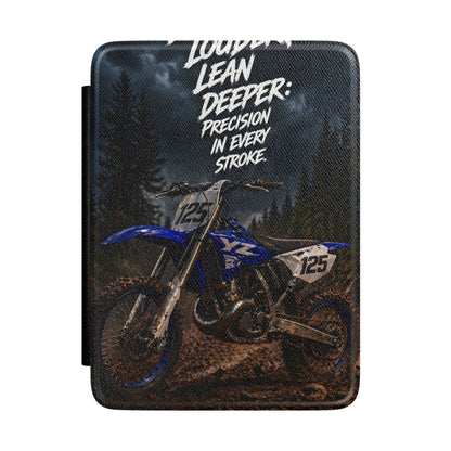 Motocross Kindle Case — Blue Dirt Bike Design with "Lean Deeper: Precision in Every Stroke"