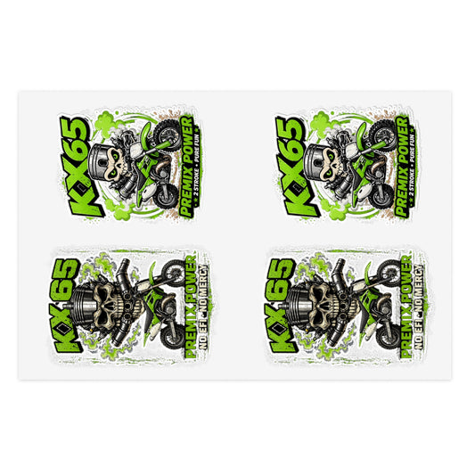 KX65 Motorcycle Skull Sticker Sheet — Green Dirt Bike Decal Pack