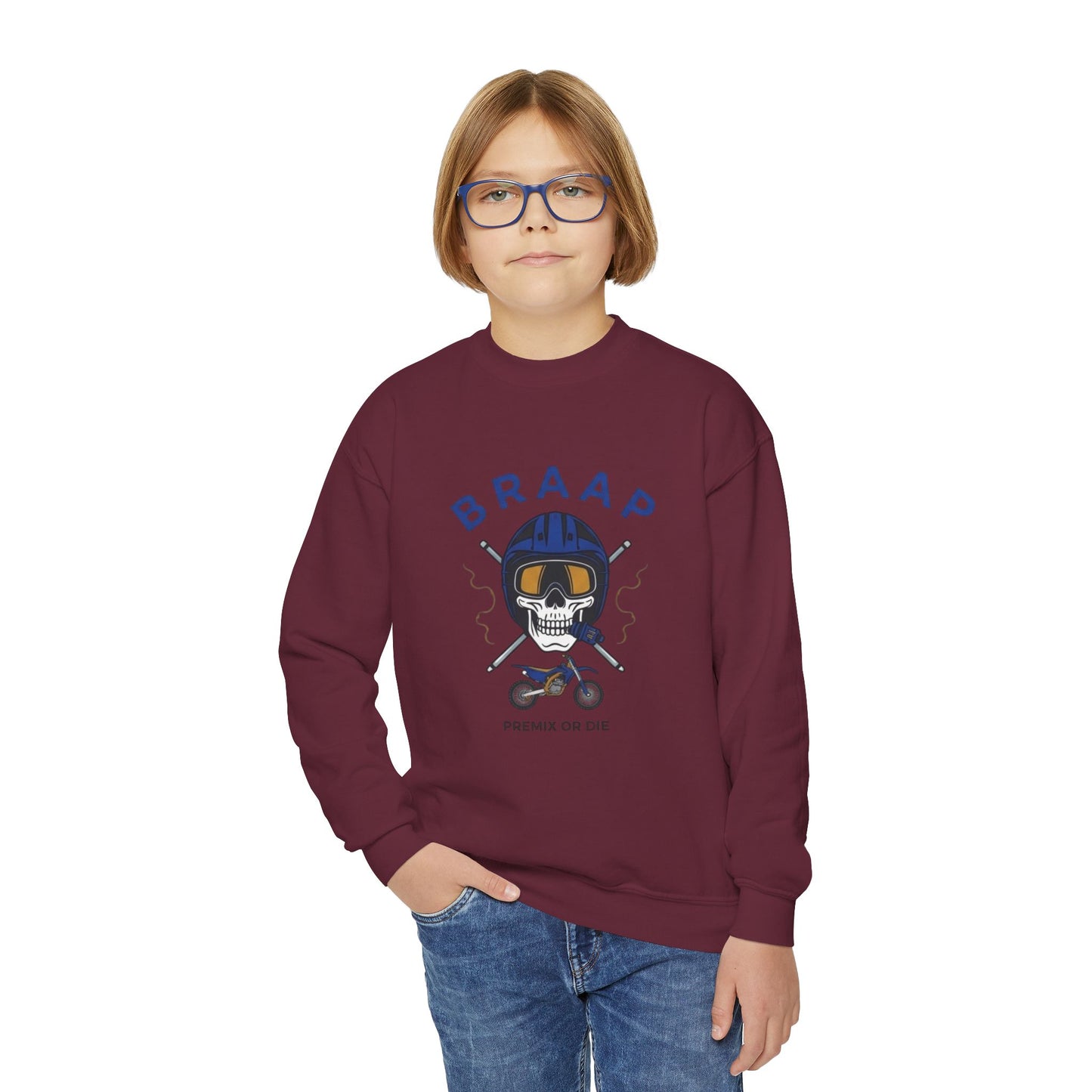 Youth Motorcycle 'BRAAP' Crewneck Sweatshirt – Skull Rider Graphic