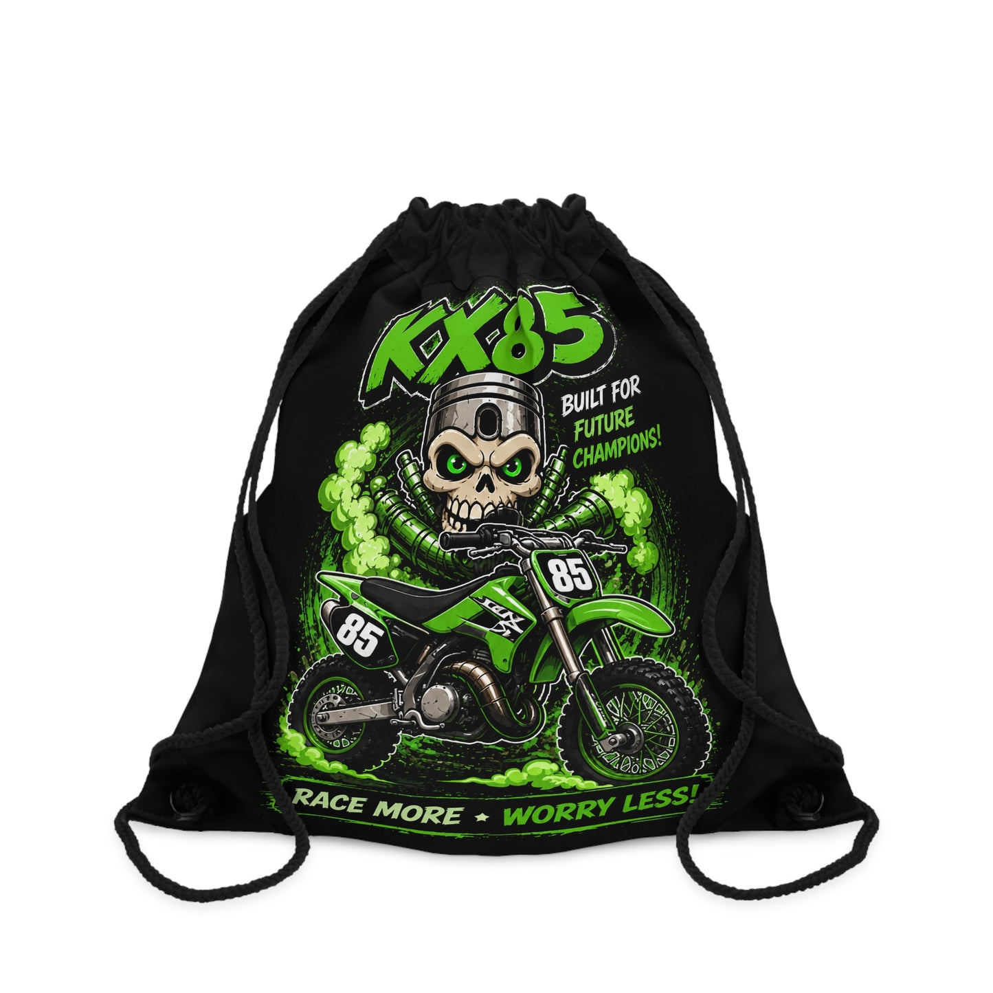 KX85 Dirt Bike Drawstring Bag – 'Race More, Worry Less' Youth Motocross Gym Sack