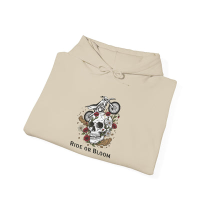 Ride or Bloom Skull Motorcycle Hoodie — Biker Floral Graphic Sweatshirt