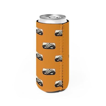 Slim Can Cooler – Vintage Racecar Pattern with “There are many Wolverines, but only one has four wheels.”